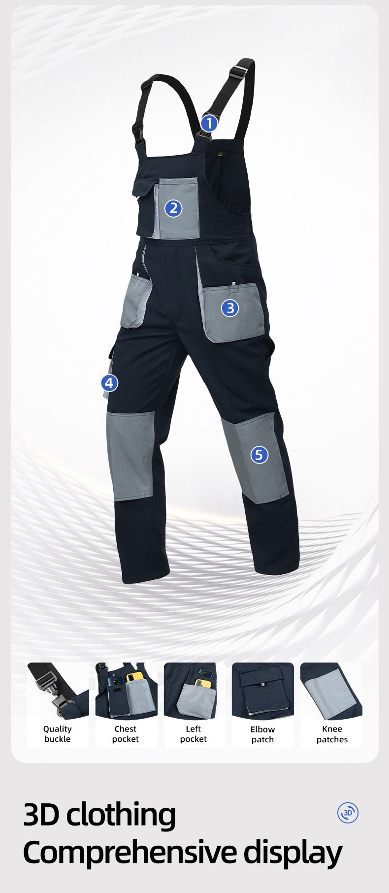 Cotton-like Brushed Multi-Pocket Oxford Reinforced Bib Overalls4